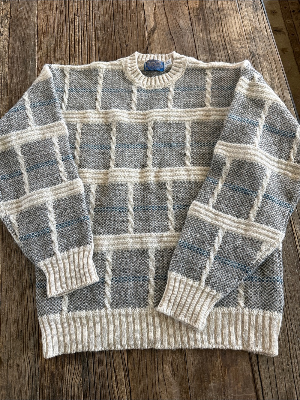 Vintage Pendleton Men's Crewneck Textured Windowpane Sweater - Cream & Gray
